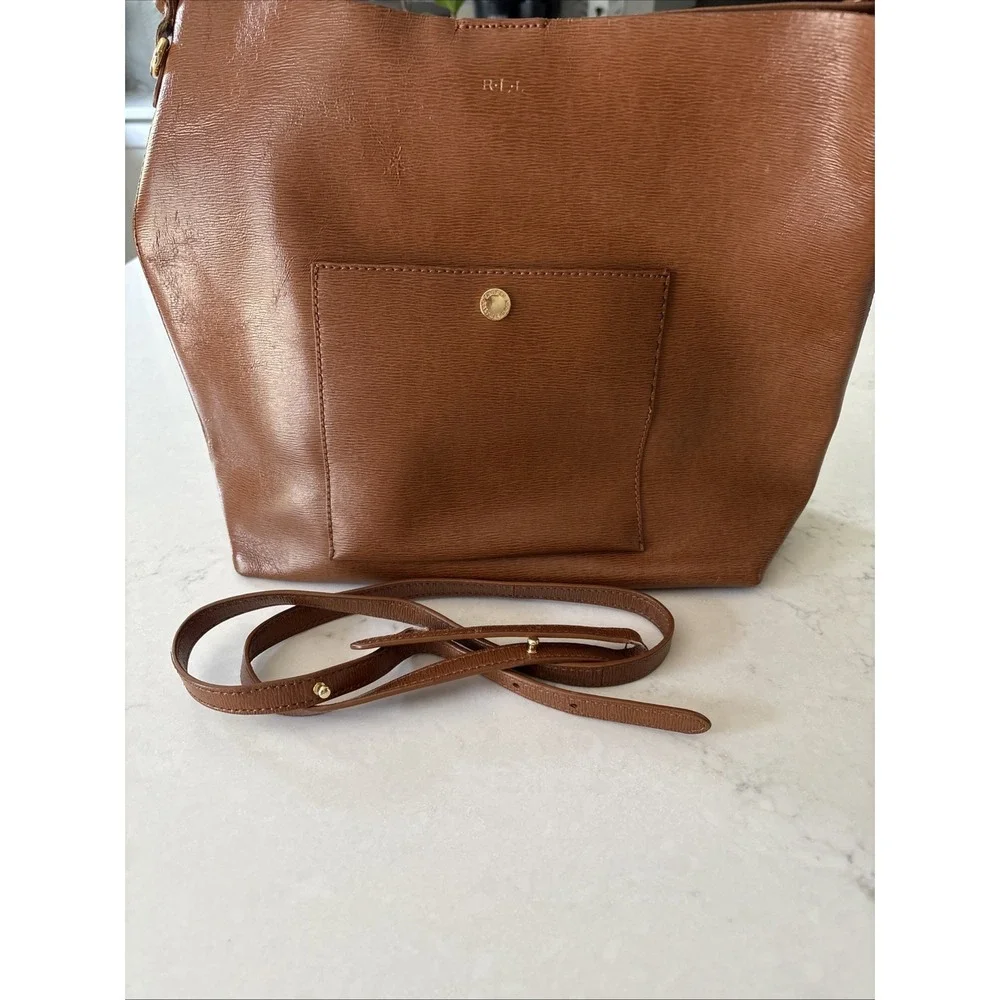 Lauren Ralph Lauren Newbury Pocket Hobo Handbag Satchel Brown Leather RLL